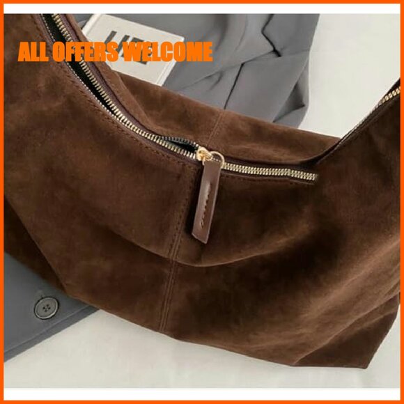 Suede Crescent Shoulder Tote Bag - Top Handle Crossbody Purse for Work Travel - Picture 6 of 8